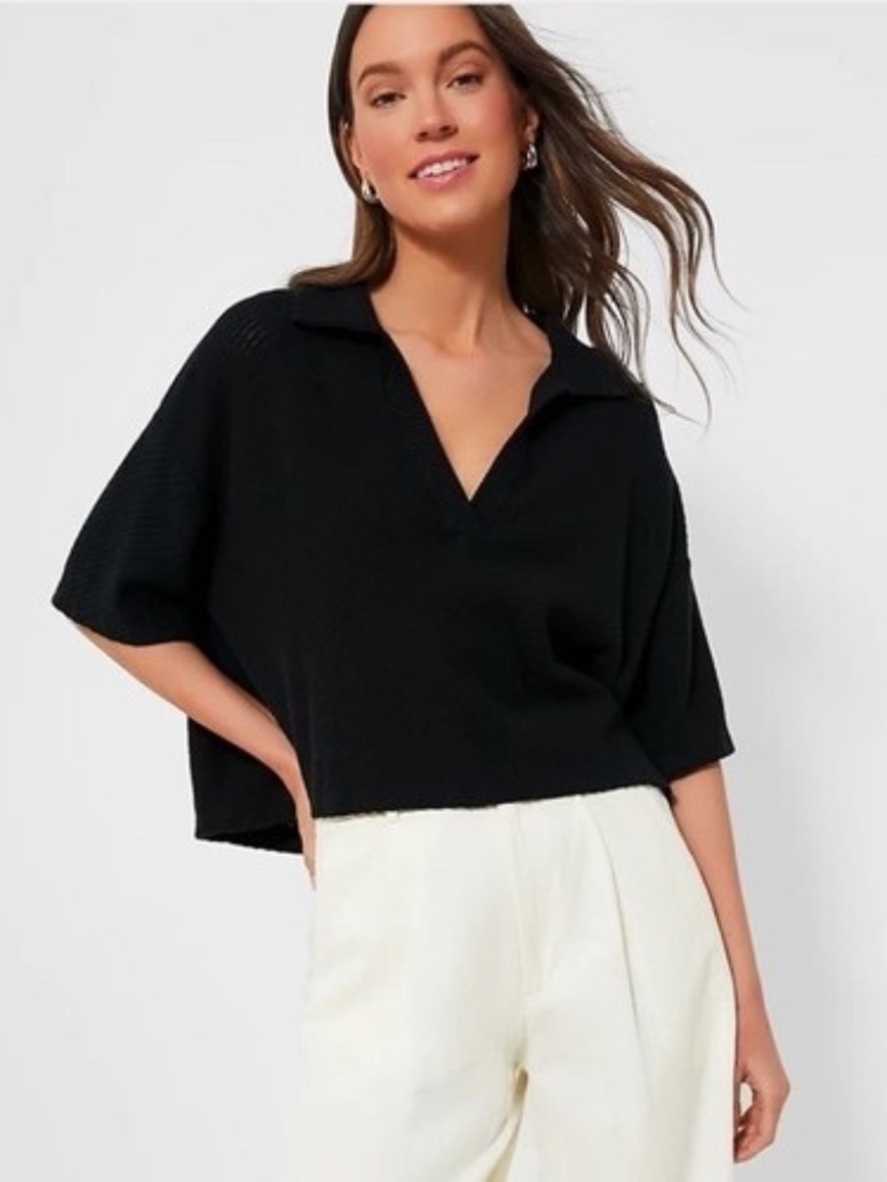 NWT Tuckernuck Knit Top Johnny Collar V-Neck Short Sleeve Pointelle Black